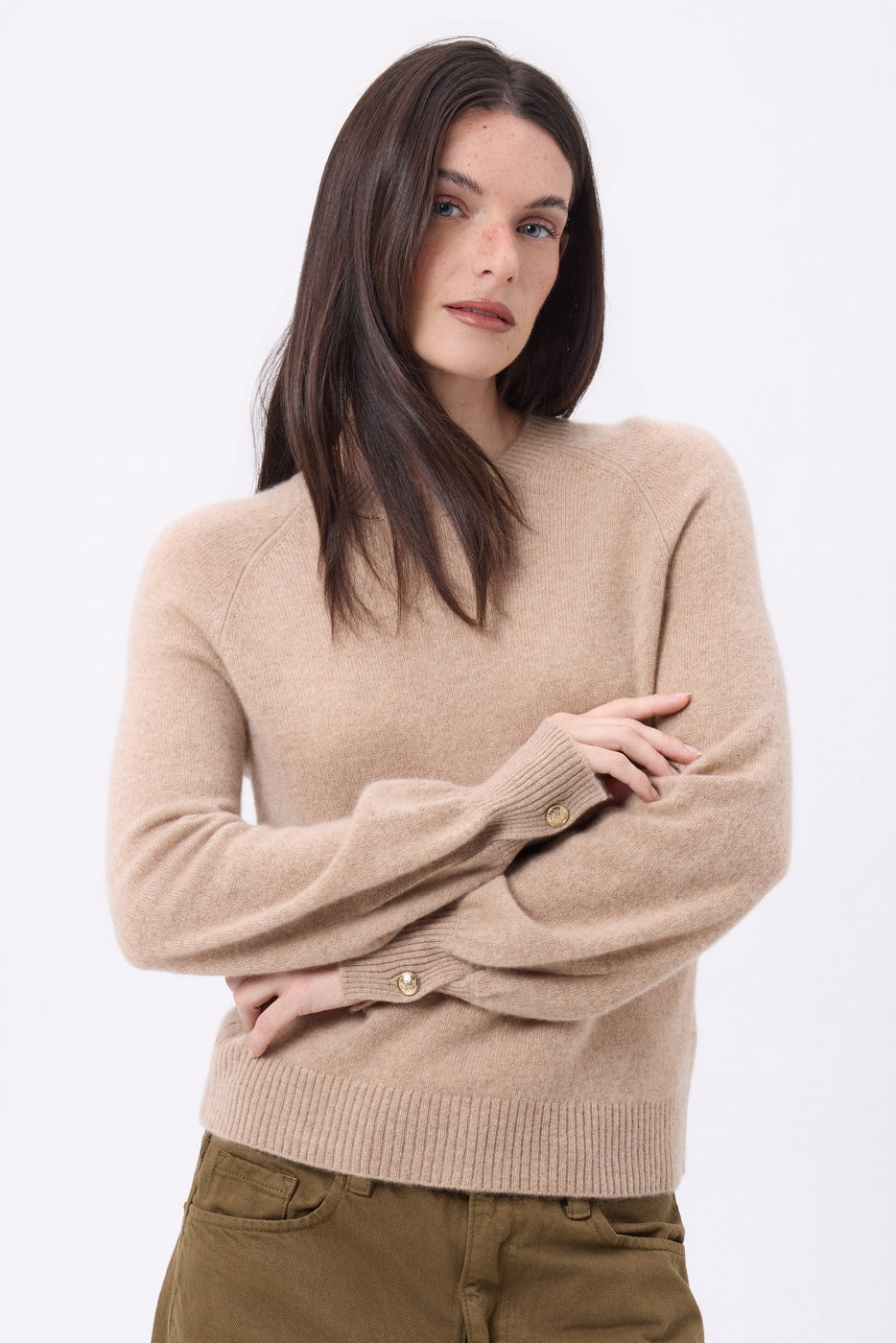 Pull Col Rond Boutons Rib Manche Clip - Beige Creme - Femme