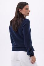 Jersey de cuello redondo con botones, canalé y mangas Clip - Azul marino - Mujer