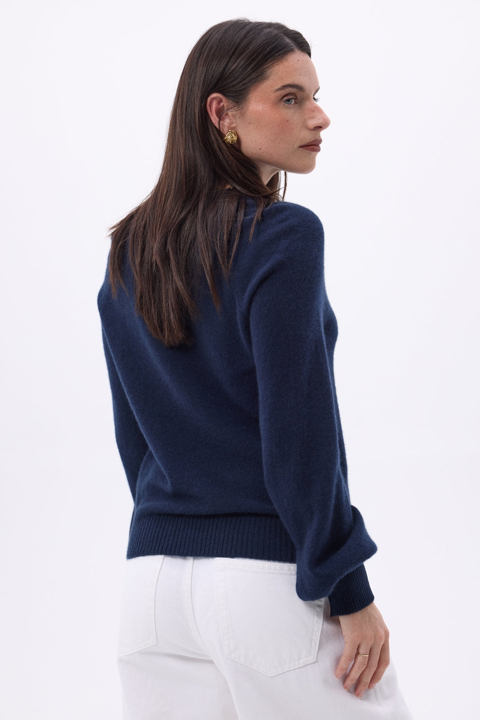 Jersey de cuello redondo con botones, canalé y mangas Clip - Azul marino - Mujer
