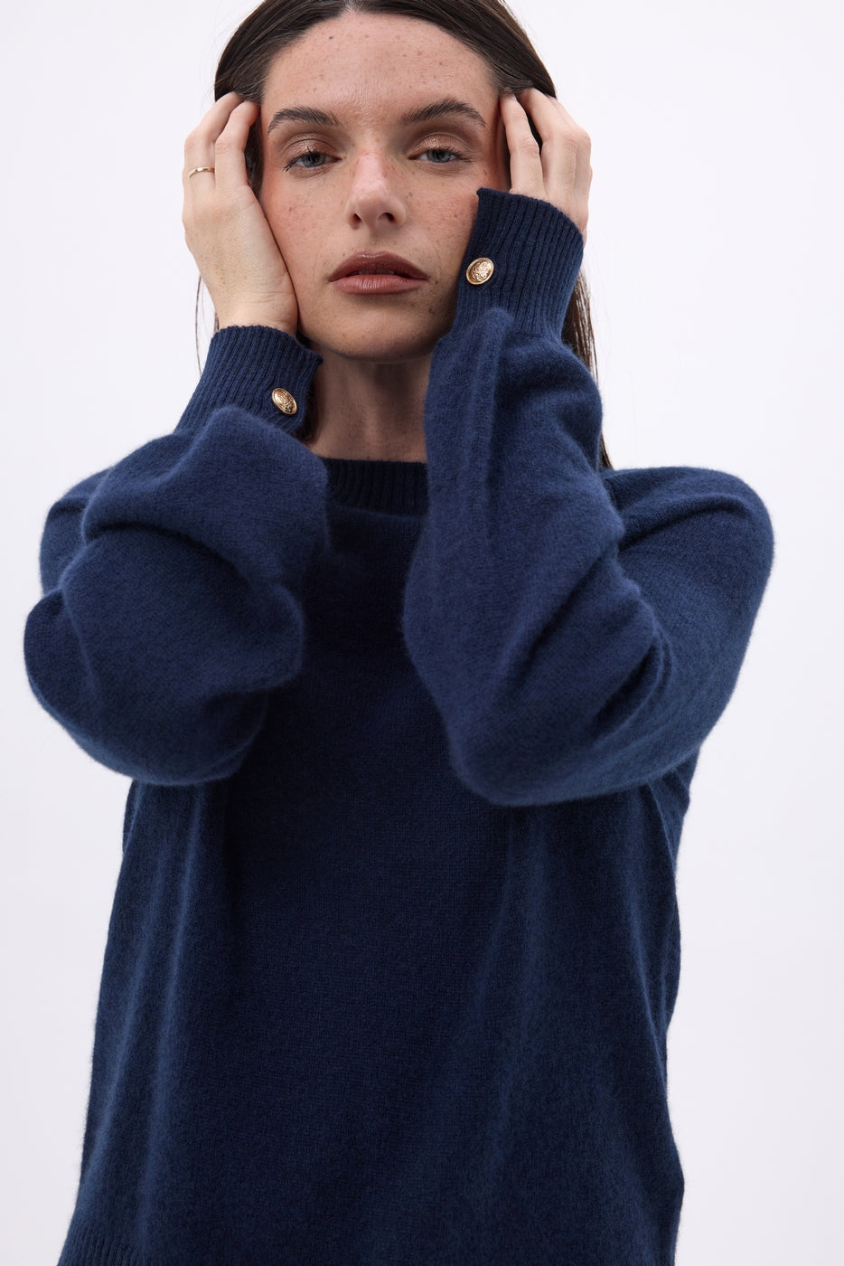 Jersey de cuello redondo con botones, canalé y mangas Clip - Azul marino - Mujer