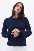 Jersey de cuello redondo con botones, canalé y mangas Clip - Azul marino - Mujer