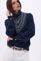 Jersey de cuello redondo con botones, canalé y mangas Clip - Azul marino - Mujer