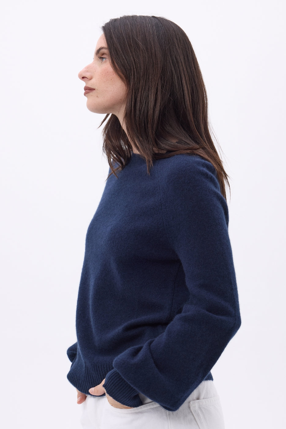 Jersey de cuello redondo con botones, canalé y mangas Clip - Azul marino - Mujer