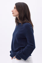 Jersey de cuello redondo con botones, canalé y mangas Clip - Azul marino - Mujer