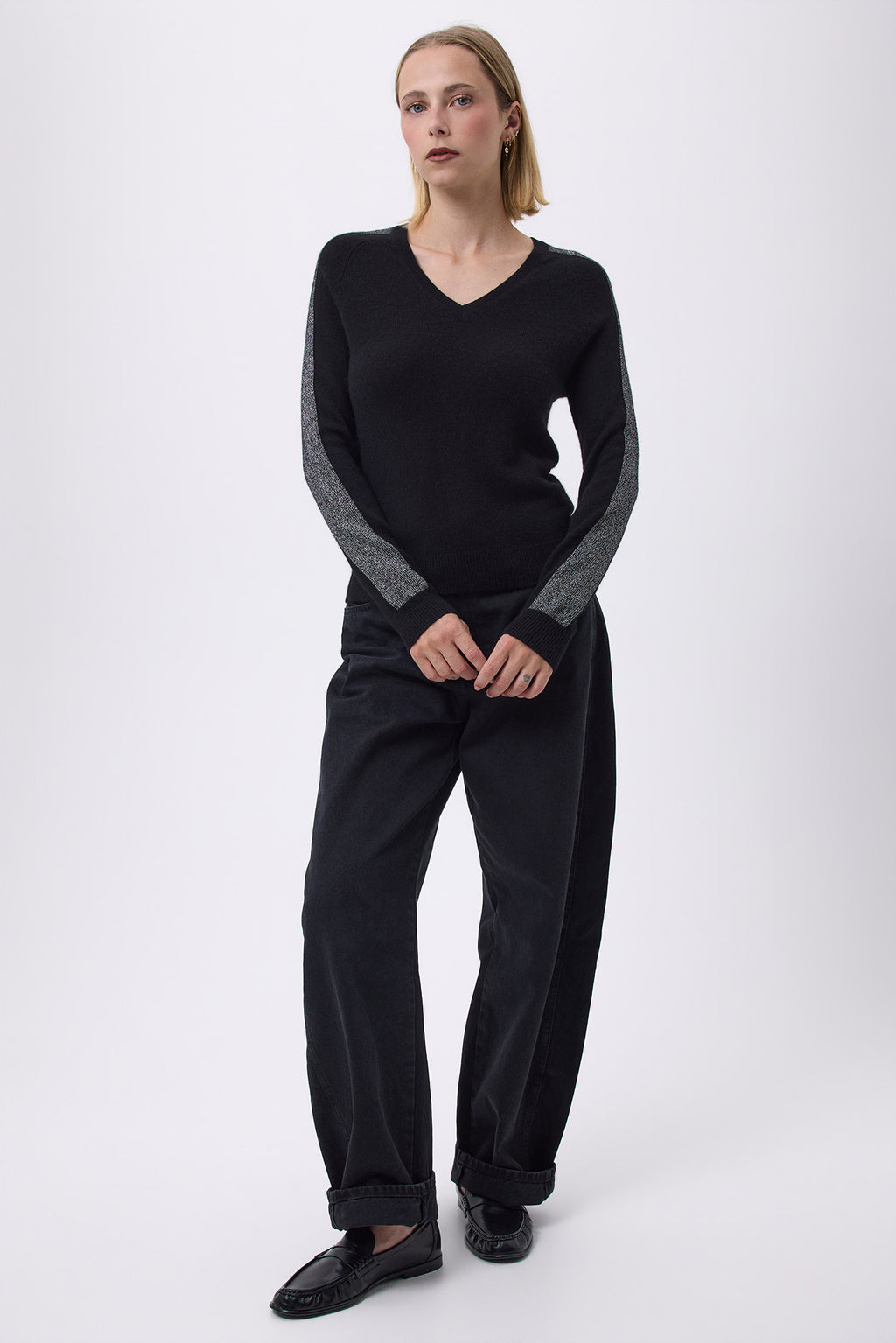 Jersey Cuello Pico Rayas Mangas F Colette - Negro Plateado - Mujer