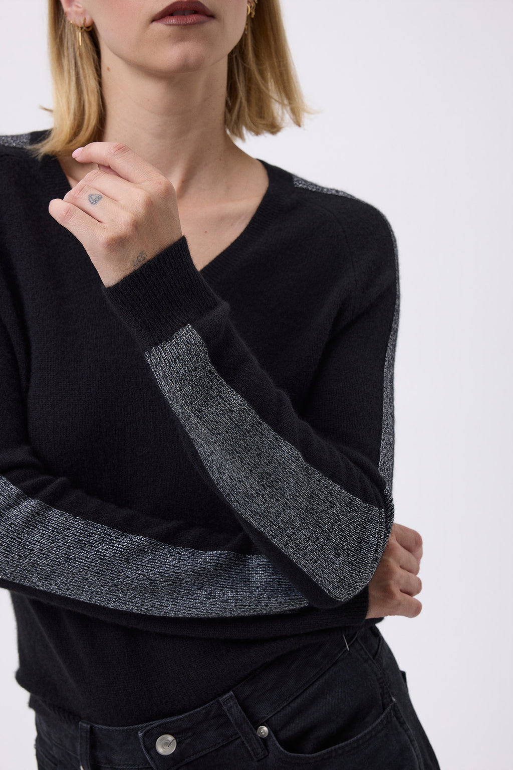 Jersey Cuello Pico Rayas Mangas F Colette - Negro Plateado - Mujer