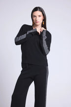 Jersey de cuello en V con bandas de lúrex plateado Coline - Negro y plateado - Mujer