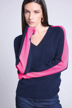 Jersey de cuello en V con banda rosa Coline - Azul marino y rosa flúor - Mujer