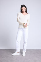 Jersey Cuello V Bandas Lurex Coline - Blanco Y Dorado - Mujer