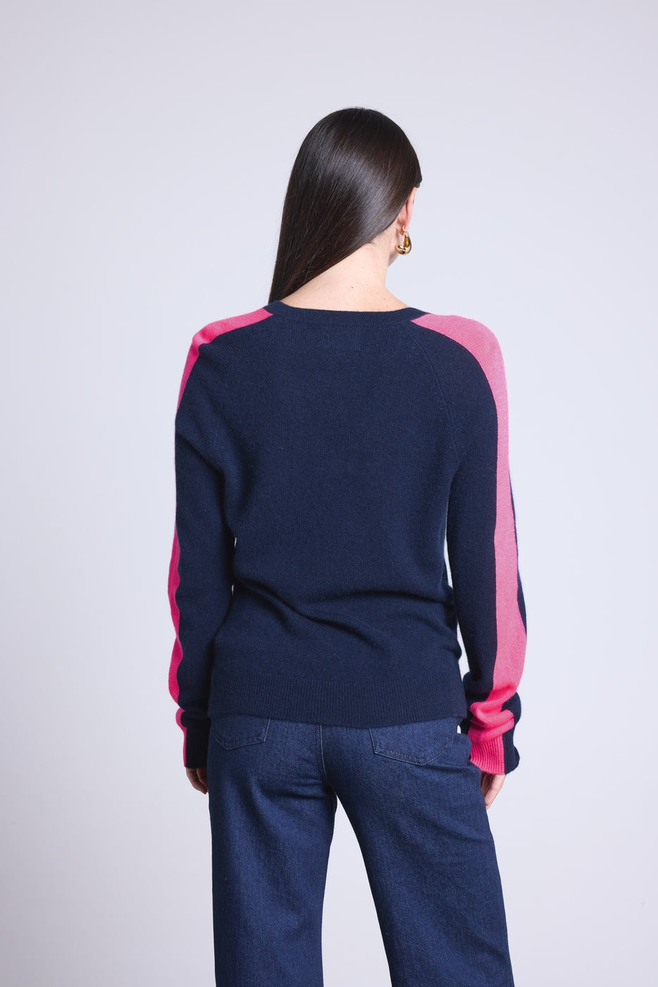 Jersey de cuello en V con banda rosa Coline - Azul marino y rosa flúor - Mujer
