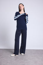 Jersey de cuello en V con bandas azules Coline - Azul marino y azul y blanco - Mujer