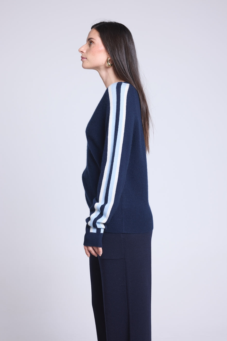 Jersey de cuello en V con bandas azules Coline - Azul marino y azul y blanco - Mujer