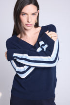 Jersey de cuello en V con bandas azules Coline - Azul marino y azul y blanco - Mujer