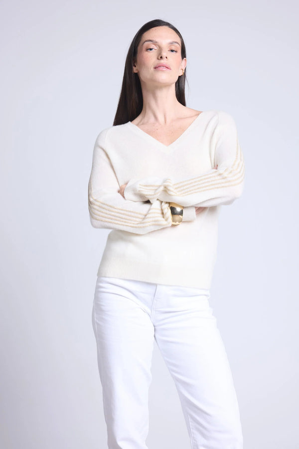 Pull Col V Bandes Lurex Coline - Blanc Et Dore - Femme
