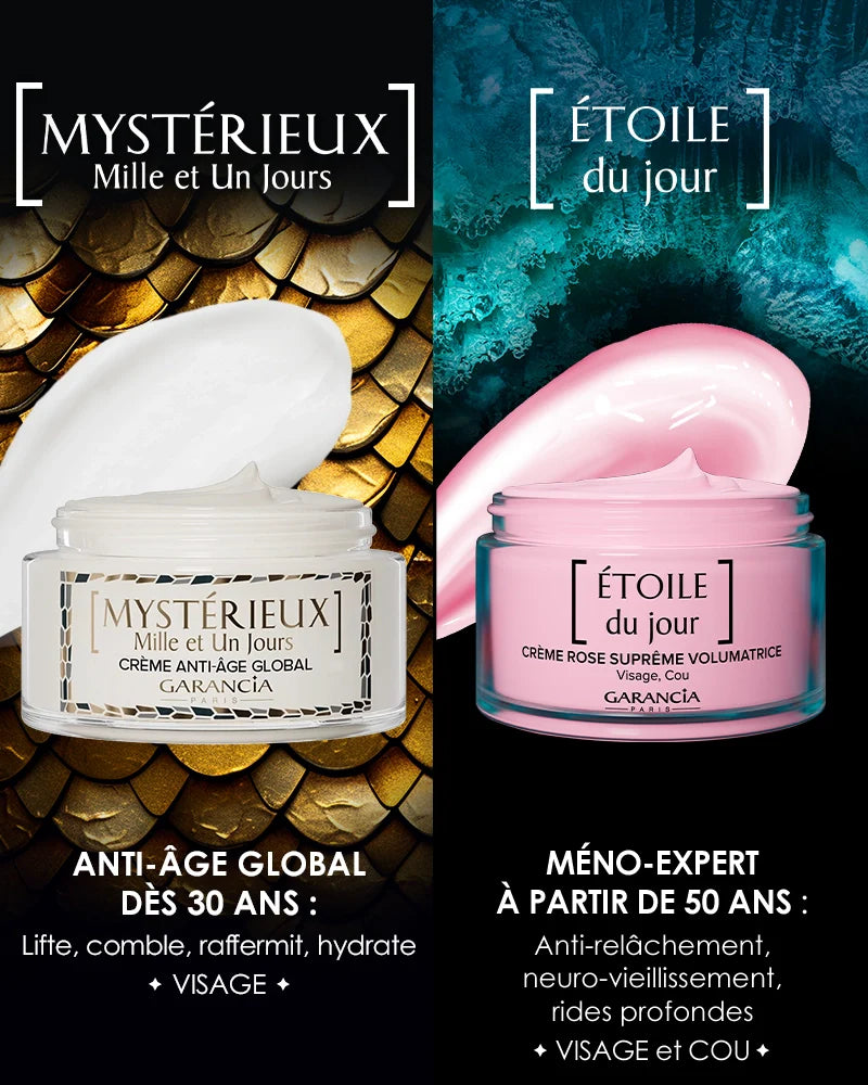Comparaison soins jour : Mystérieux pour lifter et combler (dès 30 ans), Étoile du Jour pour le relâchement et les rides profondes (dès 50 ans)