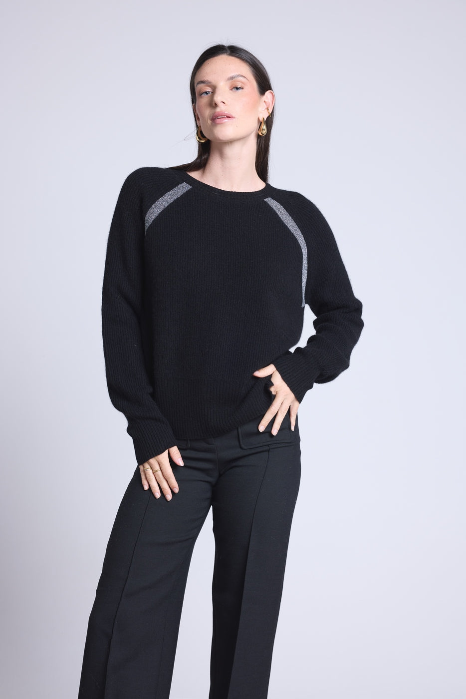 Pull Raglan Lurex Coralie - Noir Et Lurex Argente - Femme