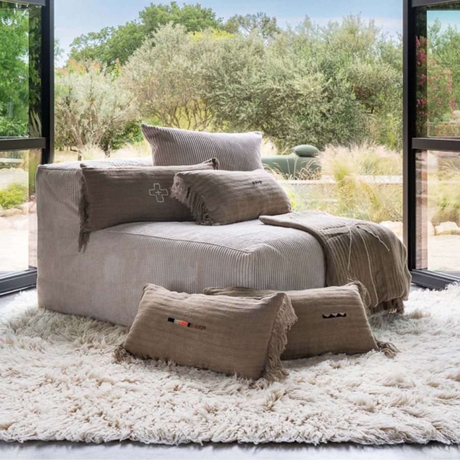 Linen Cushion Cover with Embroidered “Native American” Pattern - Brown