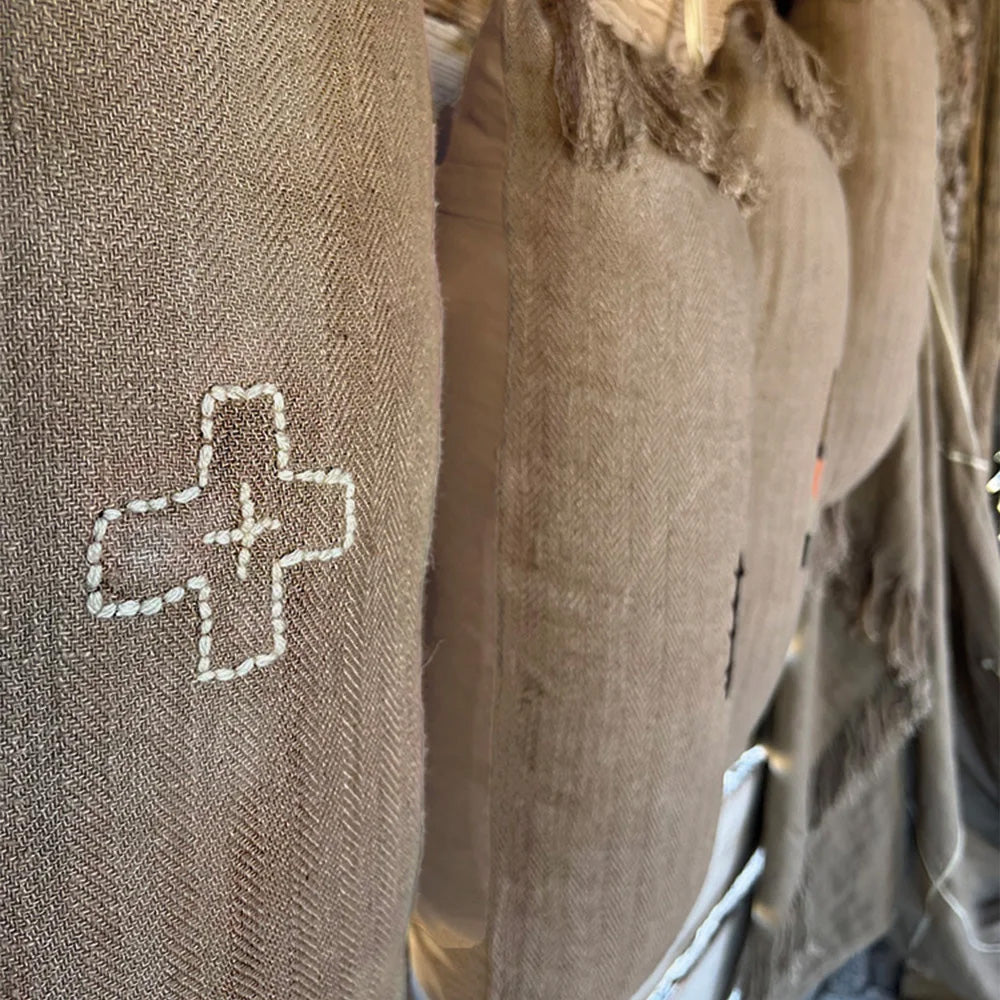 Linen Cushion Cover with Embroidered “Native American” Pattern - Brown
