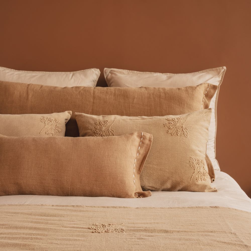 Housse De Coussin Brodée En Coton Flammé - Marron