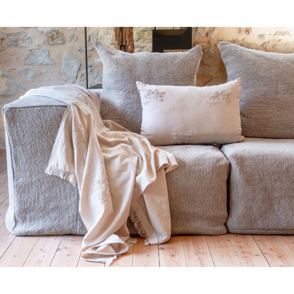 Housse De Coussin Brodée En Coton Flammé - Ecru