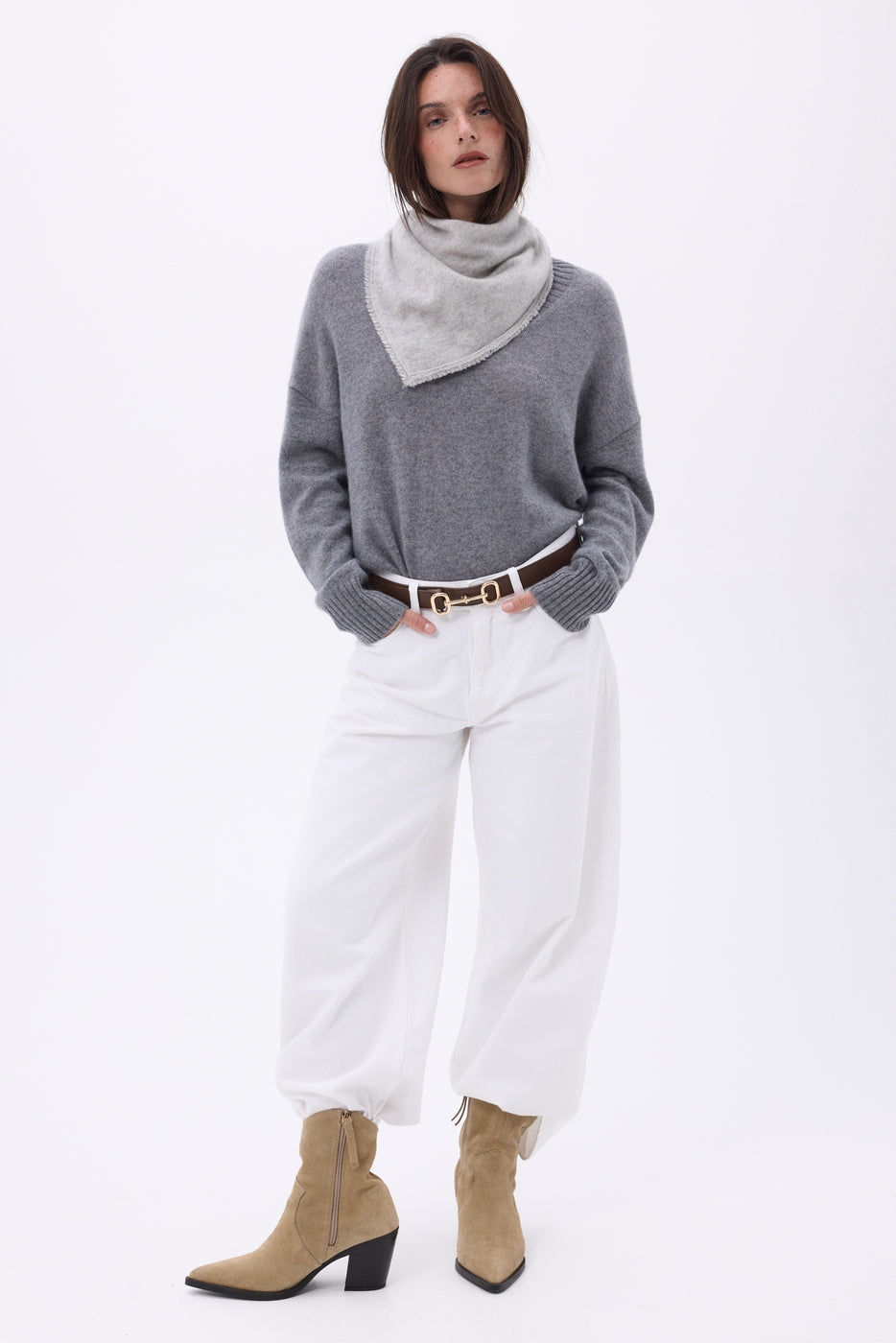 Plain Triangle Bandana Scarf Cozy - Light Grey - Women