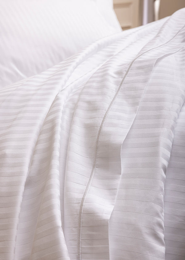 "Prestige" Flat Sheet - 100% Combed Cotton Sateen With Fine Stripes - White