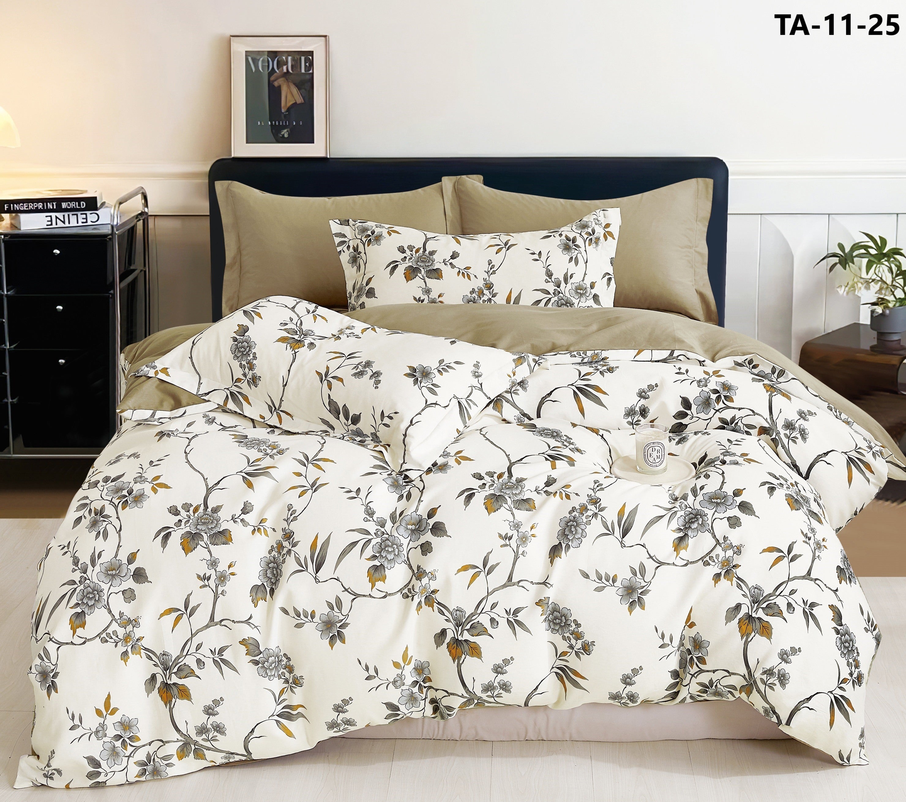 "Double-Faced Print" Duvet Set + 2 Pillowcases - 100% Pure Cotton Percale - Shadow Bloom
