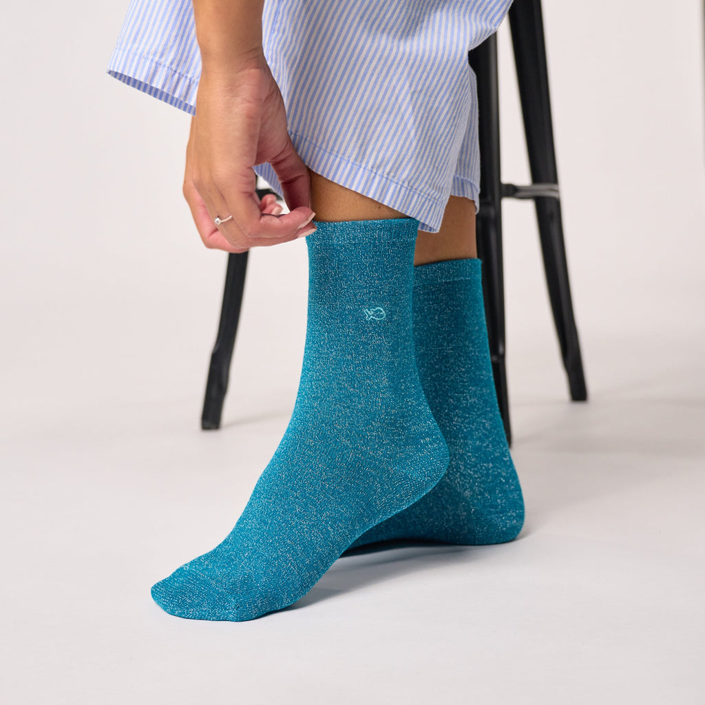 Chaussettes Pailletées En Coton Peigné Unies - Bleu Canard