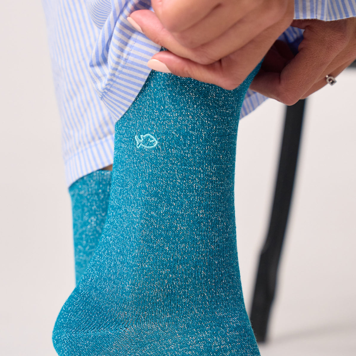 Chaussettes Pailletées En Coton Peigné Unies - Bleu Canard