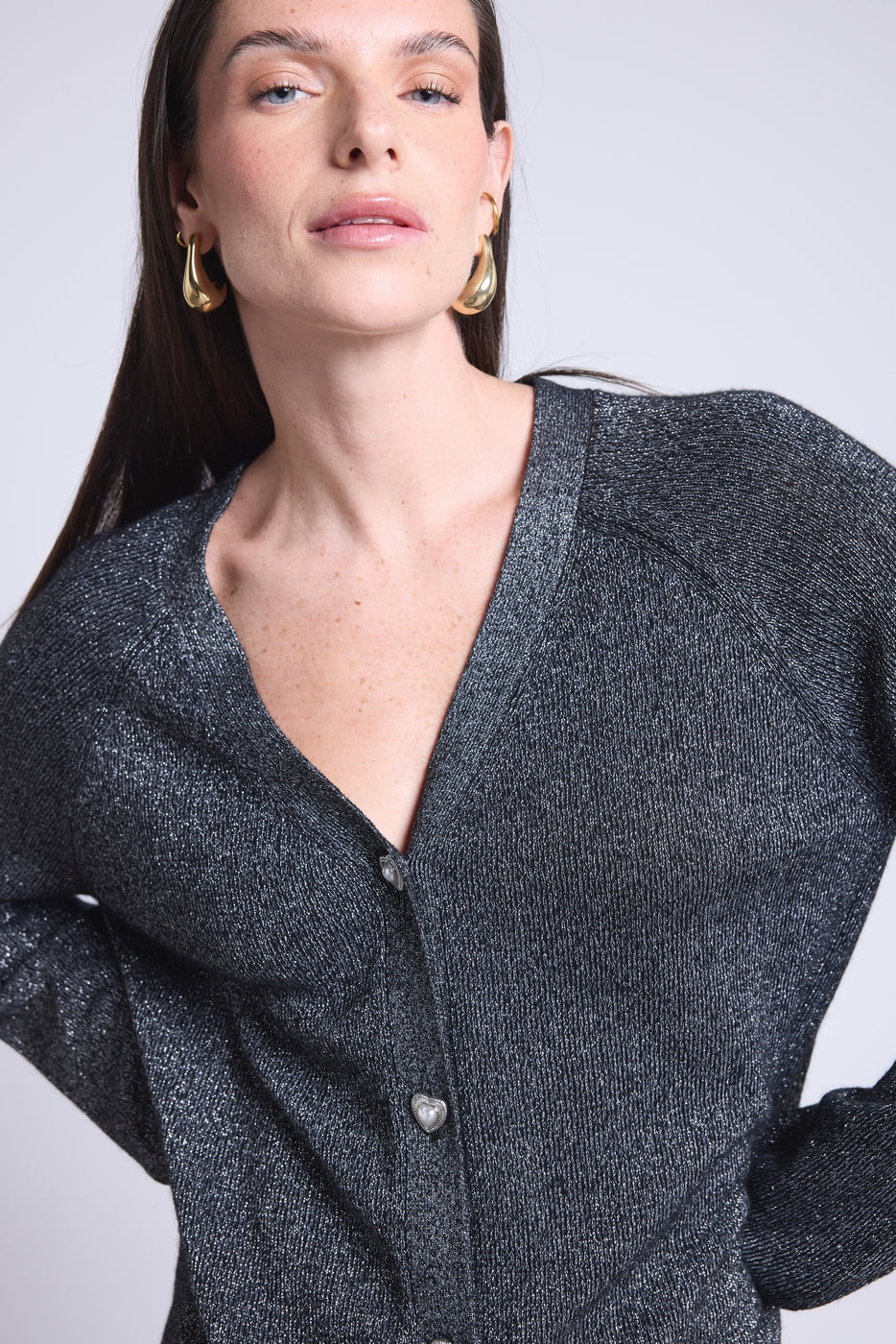 Cárdigan de Lúrex con Botones Joya Crawford - Negro y Lúrex Plateado - Mujer