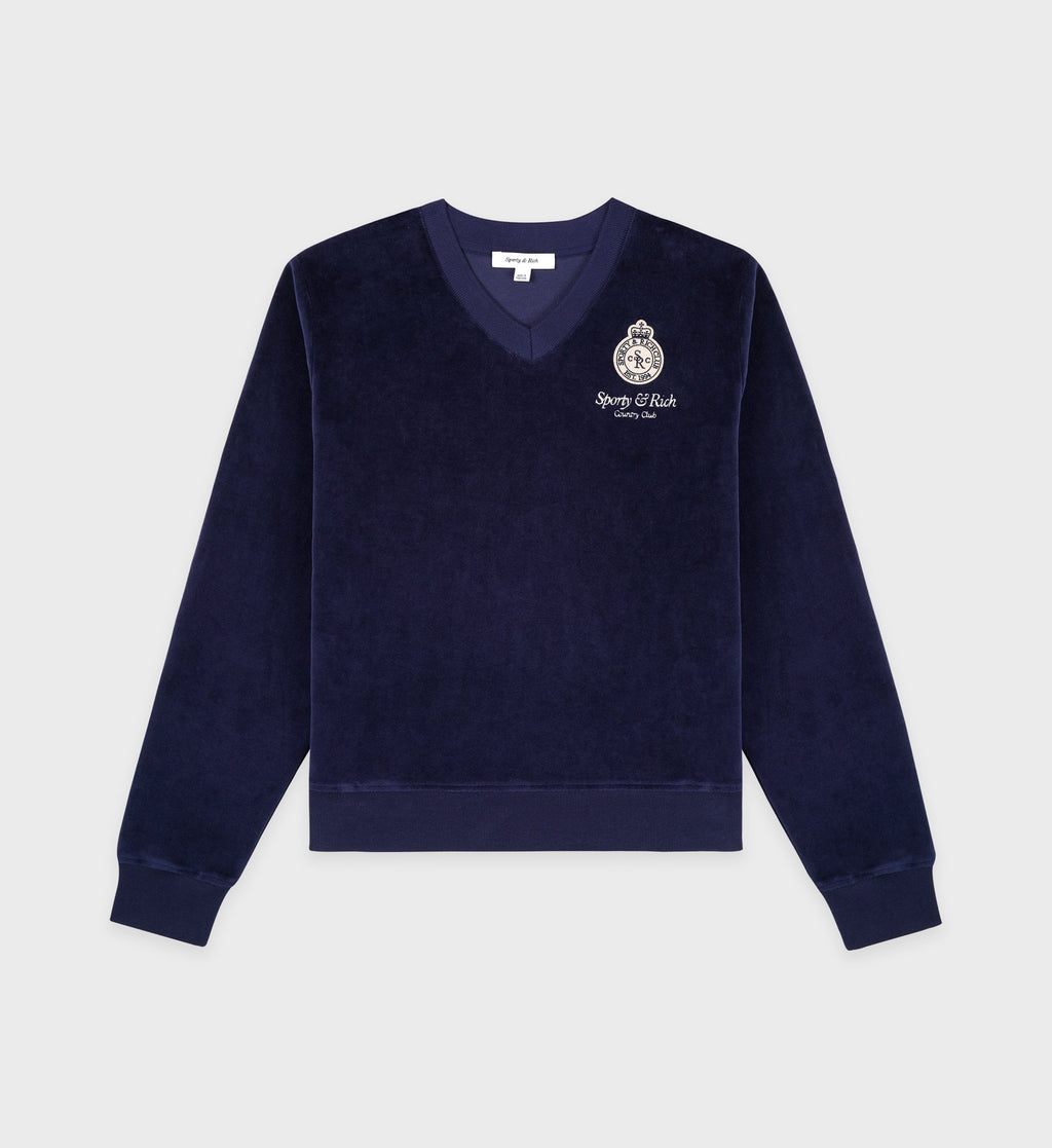 Crown Velour V-Neck Sweatshirt - Navy/Cream - Women