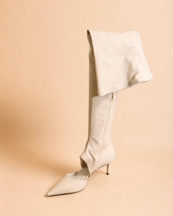 Bota alta Pamela de piel de cordero elástica color marfil