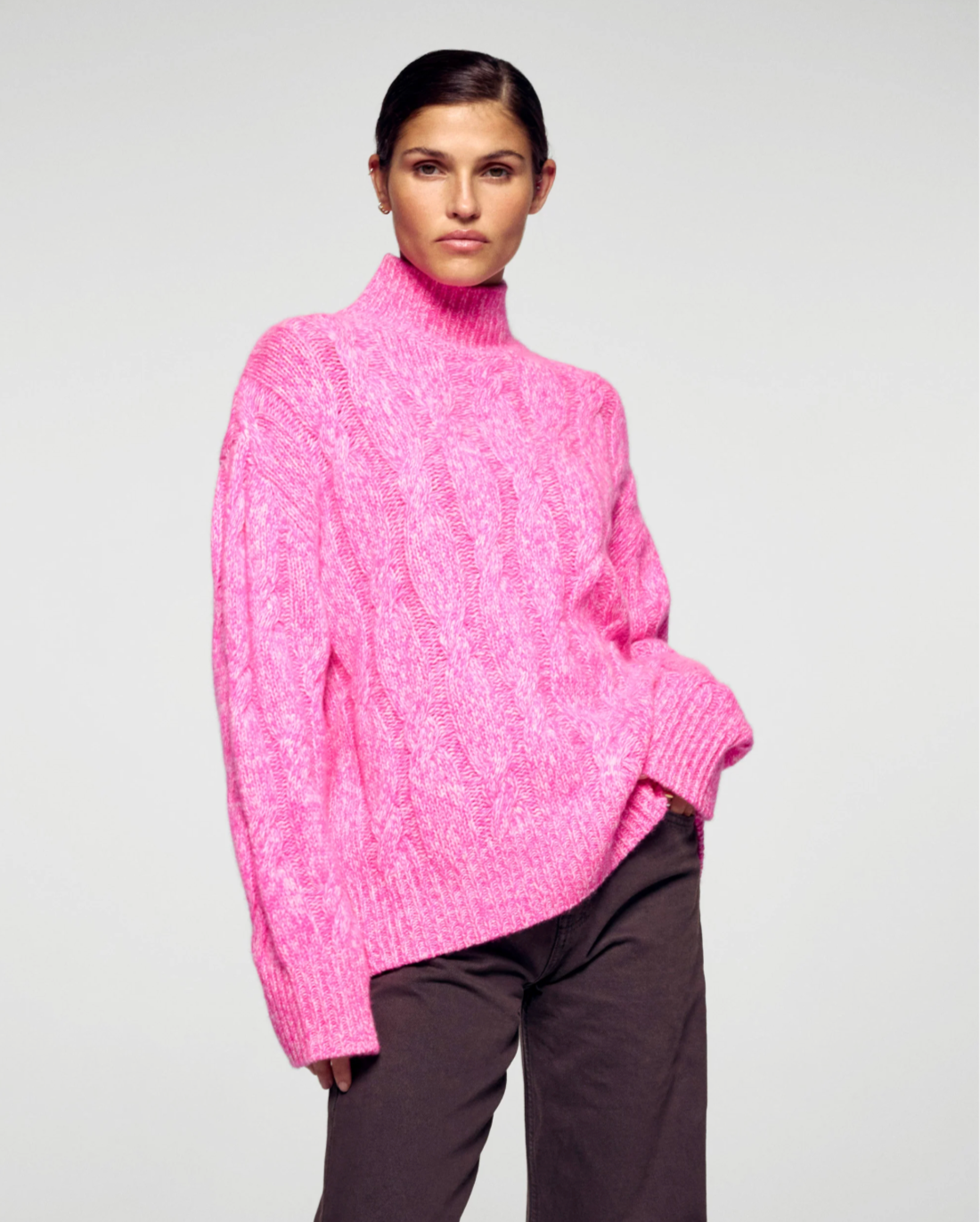 Jersey de cuello alto con trenzas - Rosa secreto - Mujer
