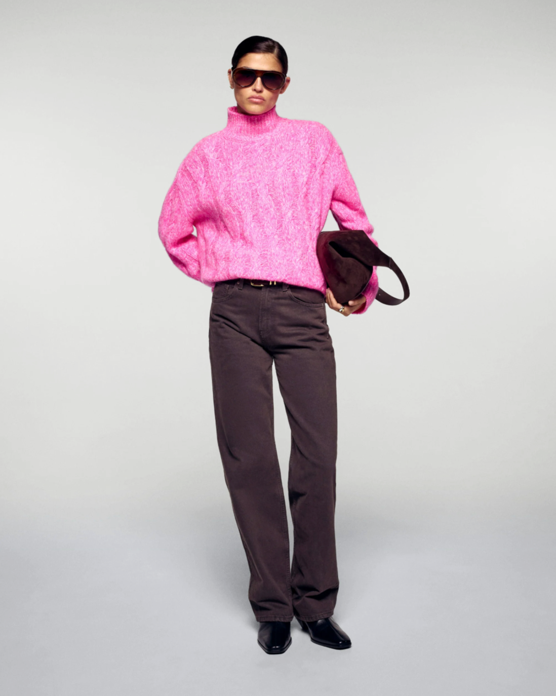 Jersey de cuello alto con trenzas - Rosa secreto - Mujer