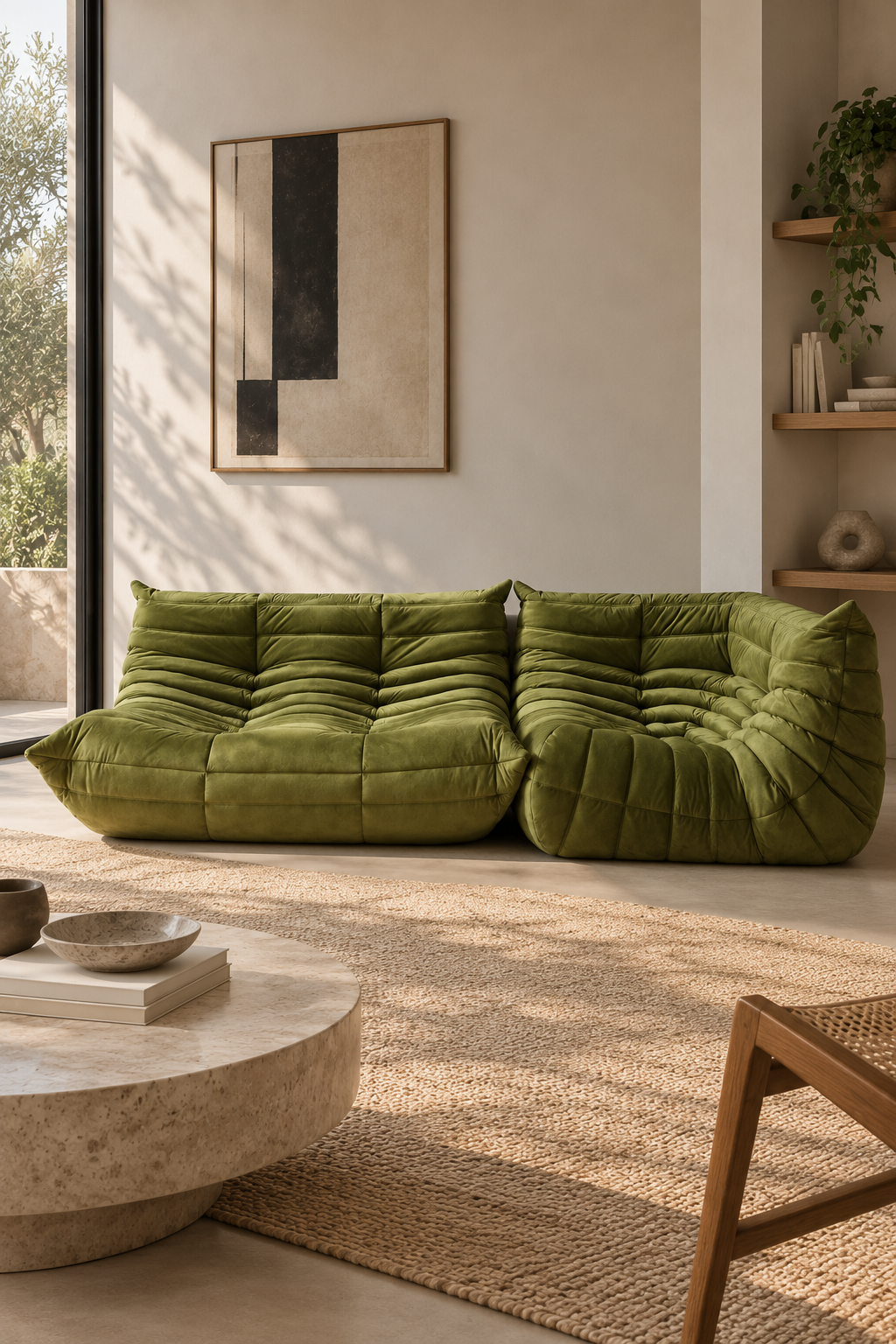 Set Togo - 2-zitsbank + Hoekfauteuil - Fluweel - Olijfgroen