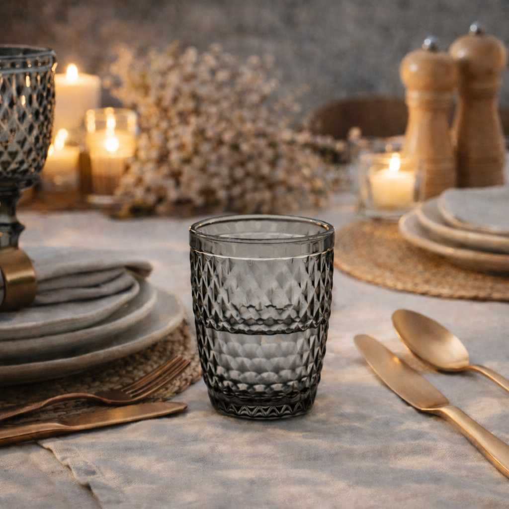 Smoked Rhinestones - Set of 6 22 Cl Tumblers - Pressed Glass - Gray
