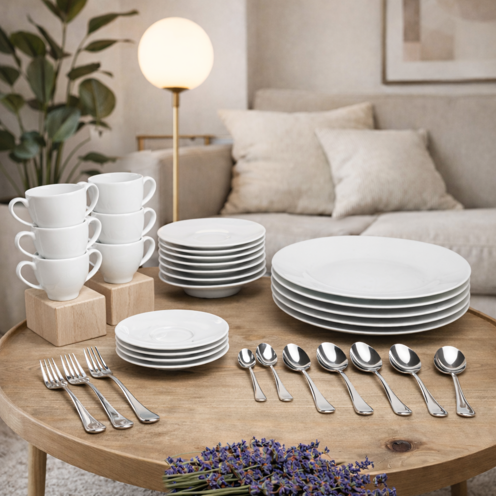 Sven Blanc - 30 Piece Dessert & Snack Set - Porcelain/Stainless Steel - White