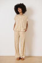 Very short sleeve shirt for women in beige color, trendy and modern style, 100% cotton, French brand 