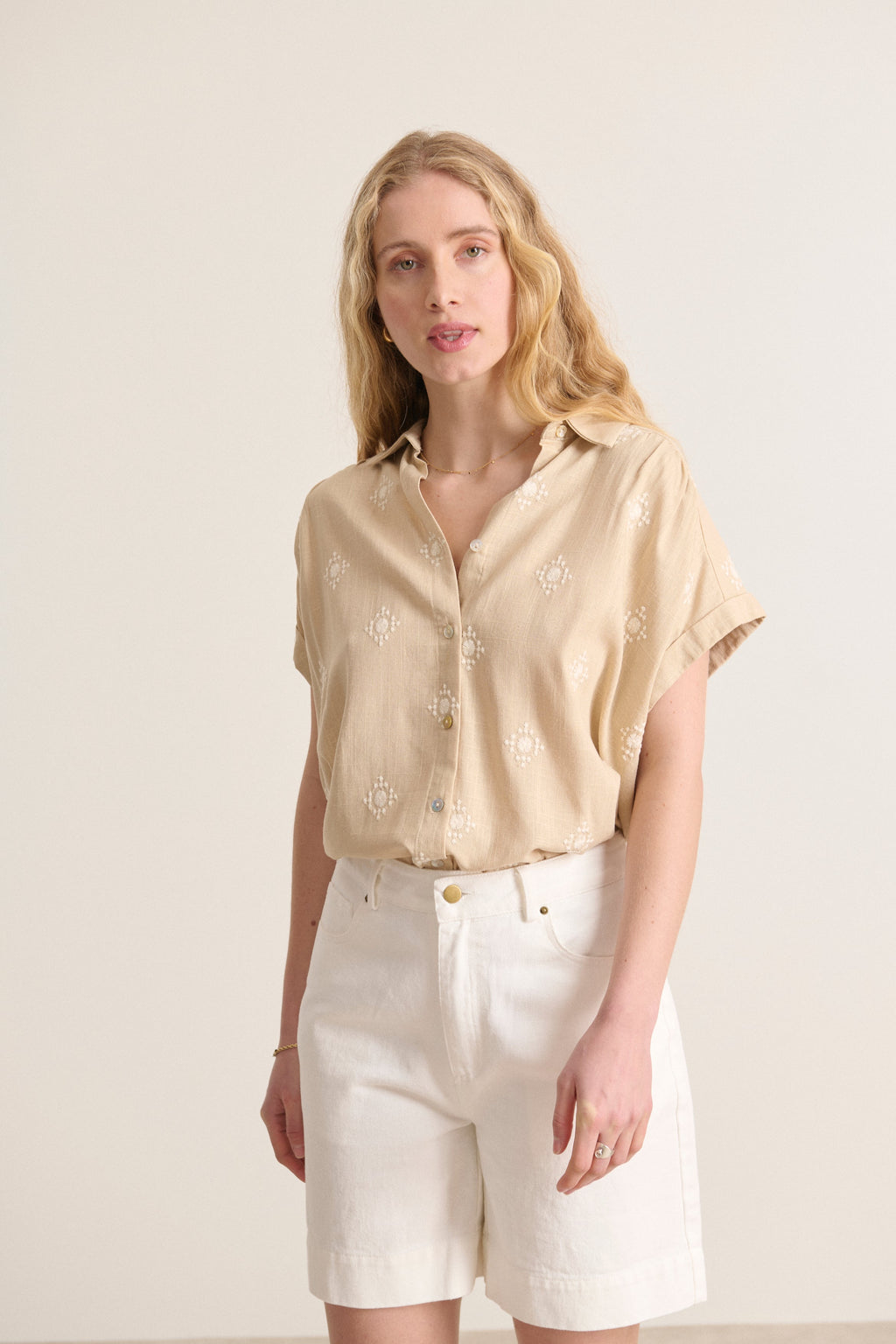 Flowy short-sleeved beige shirt for women in light fabric, summer top with embroidery 