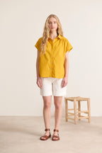Mustard cotton poplin shirt for women with fluid cut and classic collar, dropped sleeves 