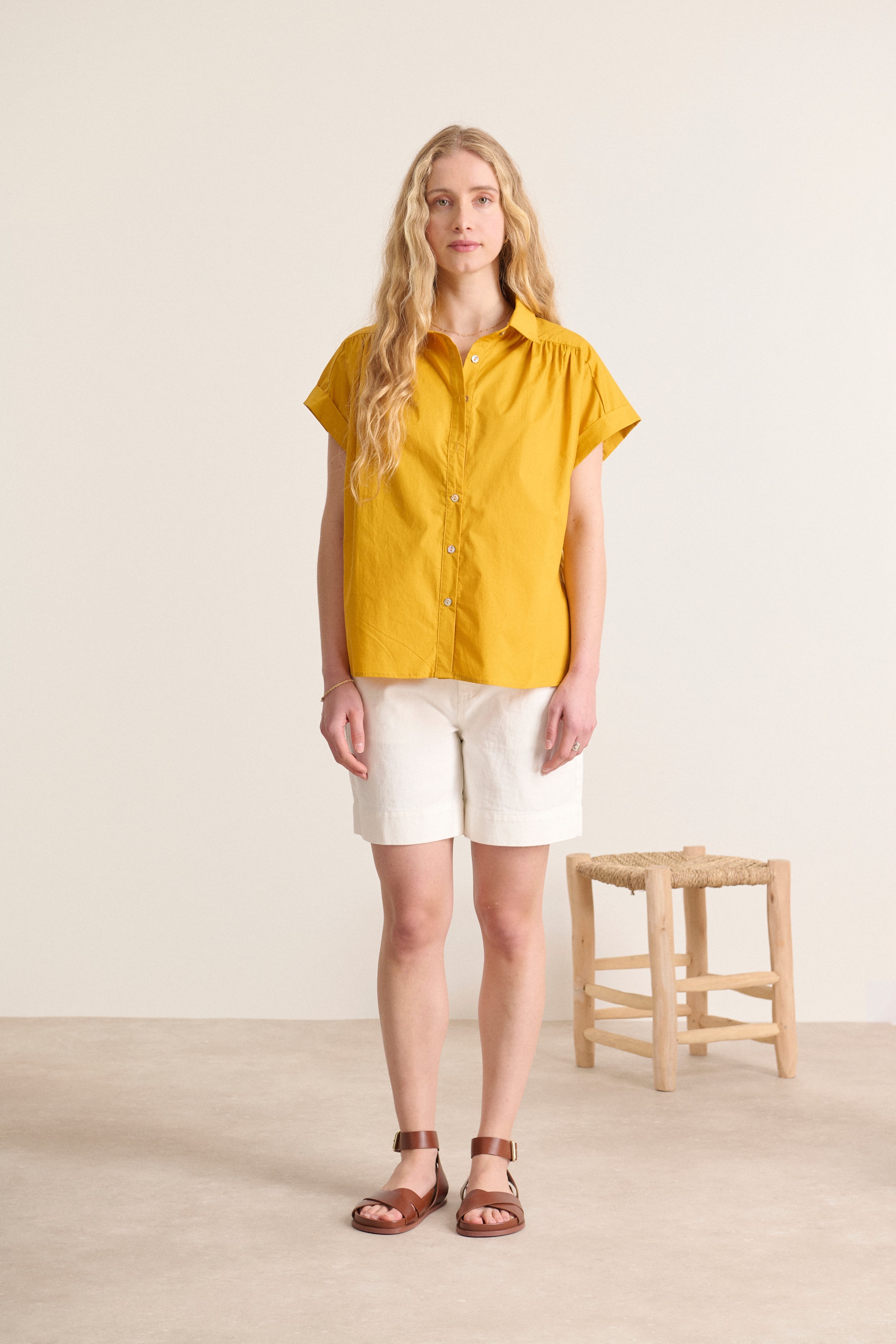 Mustard cotton poplin shirt for women with fluid cut and classic collar, dropped sleeves 