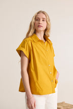 Mustard-colored sleeveless top with gathers on the shoulders shirt in light fabric 100% cotton women's clothing garance paris