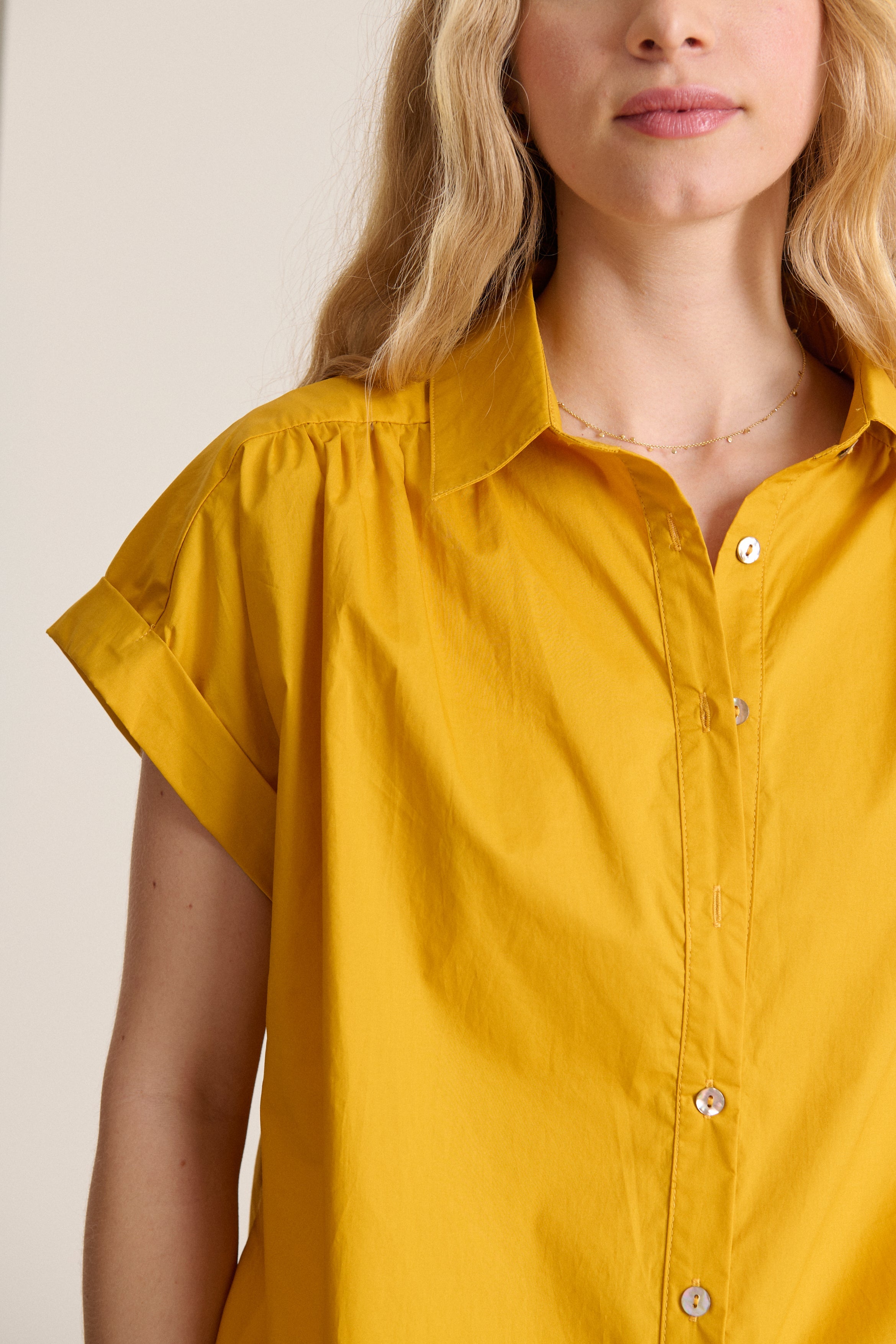 Fluid and light 100% cotton mustard-colored shirt with short sleeves, bright top, spring summer collection 