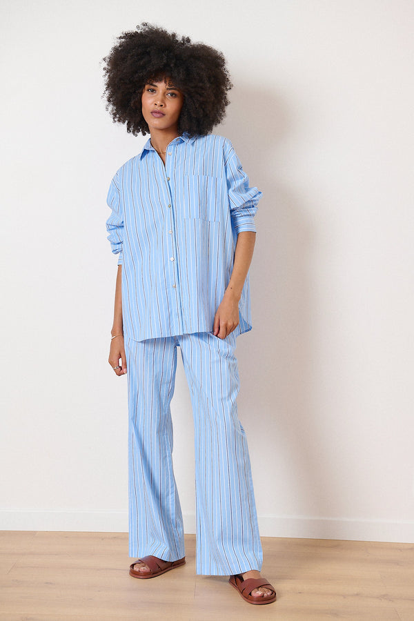Pantalon à rayures 100%  coton avec poches italiennes et taille élastique et jambes larges collection femme