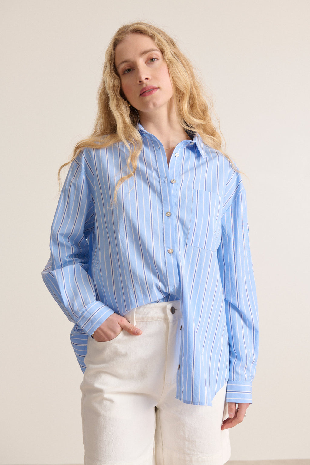 Haut en coton bleu et blanc chemise droite à rayures manches longues vêtements femme
