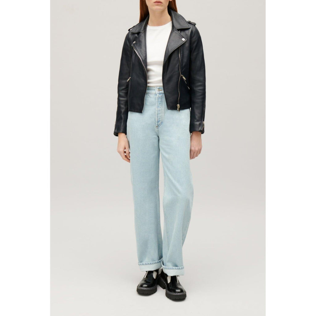 Veste En Cuir Lisse Bleu Marine