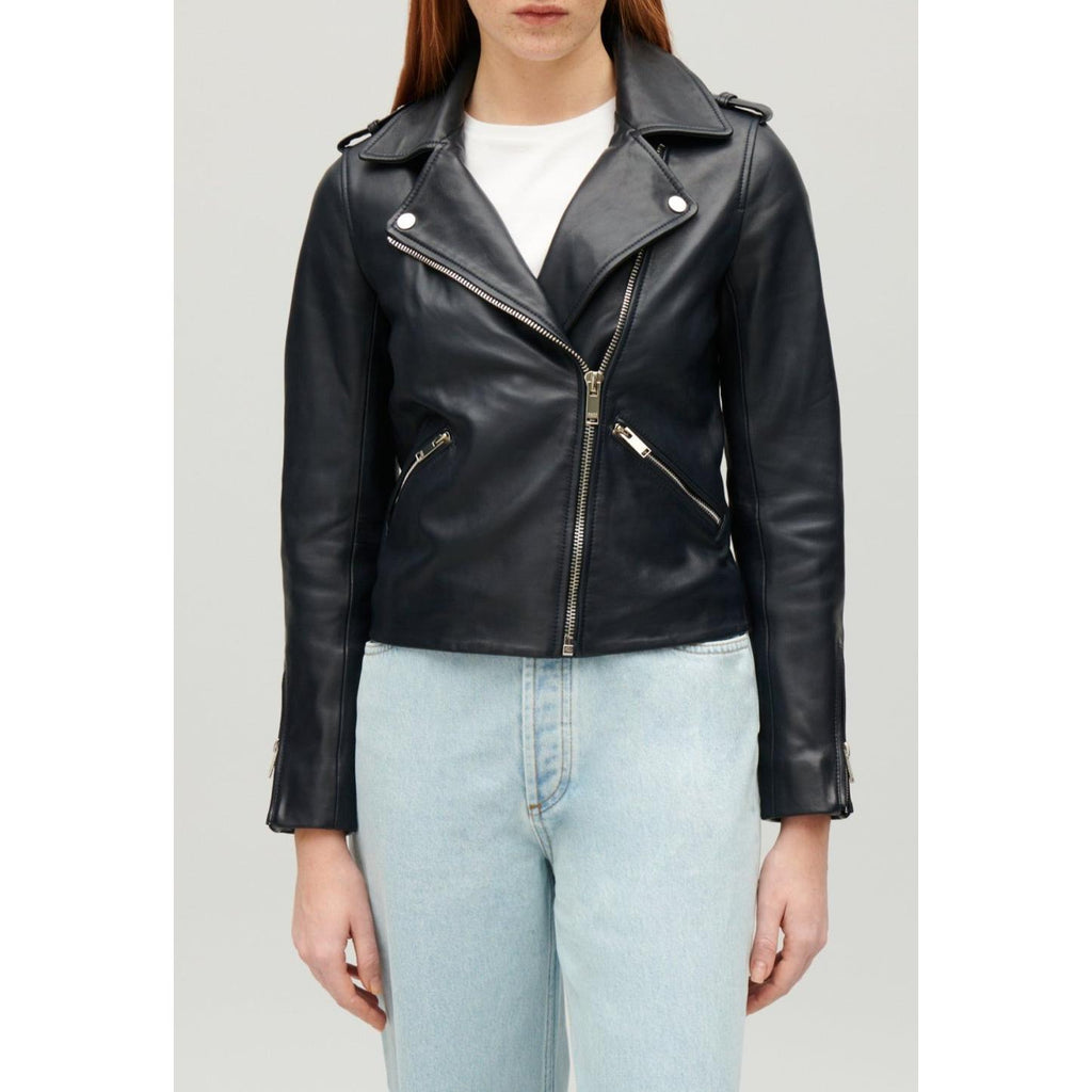 Veste En Cuir Lisse Bleu Marine