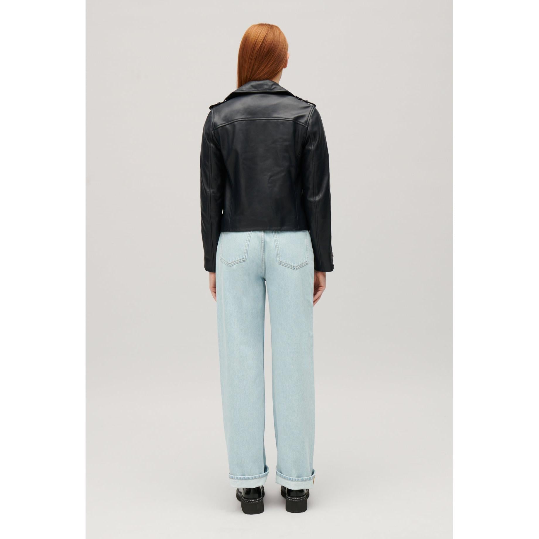 Veste En Cuir Lisse Bleu Marine