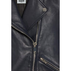 Veste En Cuir Lisse Bleu Marine