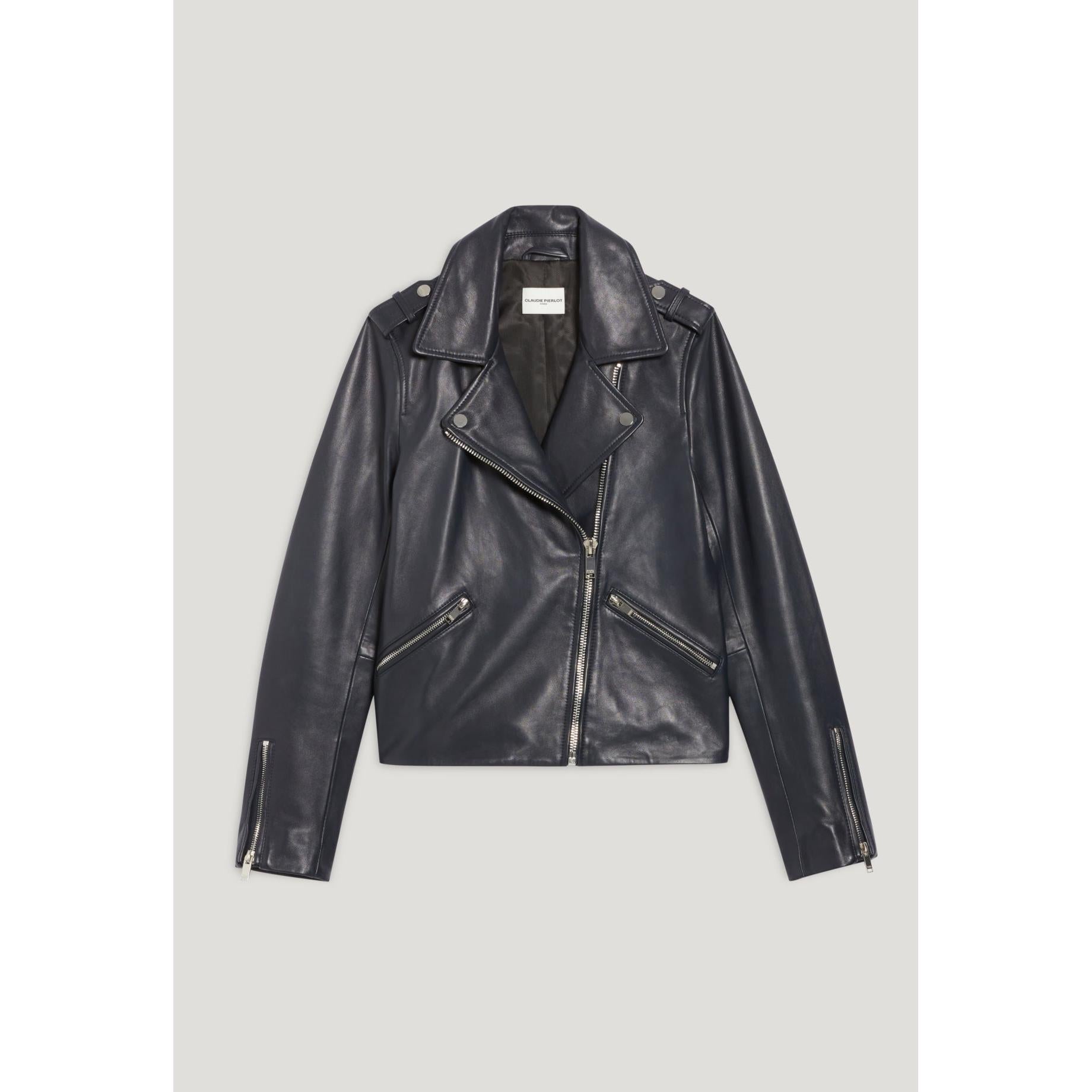 Claudie Pierlot - Veste En Cuir Lisse Bleu Marine